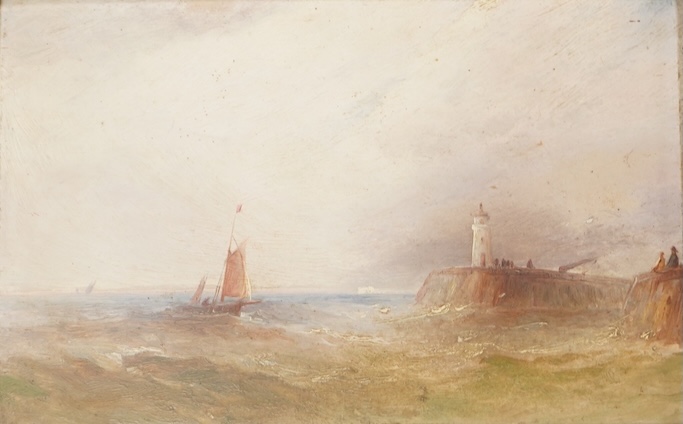 Oil on board, Coastal view with lighthouse, indistinctly signed, 15 x 23cm. Condition - fair to good